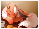 2023 4:3 ambiguous_gender bedding blanket container cup digital_media_(artwork) eeveelution eyes_closed feral flareon fluffy fluffy_tail food fruit fur furniture generation_1_pokemon hi_res kemono mug neck_tuft nintendo oo_kunu orange_(fruit) orange_body orange_fur plant pokemon pokemon_(species) quadruped resting_chin_on_arms sleeping solo table tail tuft white_body white_fur