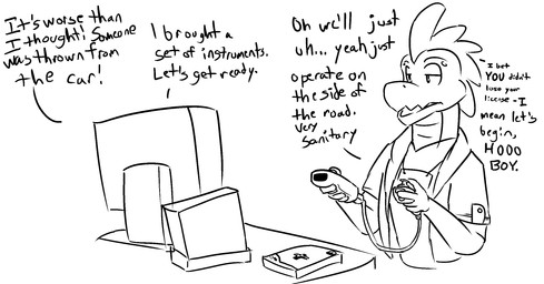 ambiguous_gender anthro clothed clothing controller dialogue electronics game_controller gaming half-closed_eyes holding_controller holding_object humor jacket narrowed_eyes nintendo_controller open_clothing open_jacket open_topwear playing_video_game raised_hands scales shirt solo television text topwear wii_nunchuk wii_remote tatsuodaichi atlus cutting_edge:_roots_of_mutation nintendo sega trauma_center wii peri_maddock helmeted_lizard lizard plumed_basilisk reptile scalie 2025 black_and_white english_text hi_res monochrome sketch nonbinary_(lore)