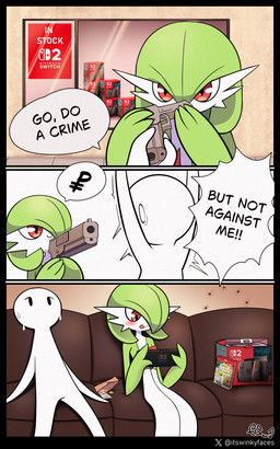 black_text blush dialogue duo green_hair gun hair hair_over_eye holding_gun holding_object holding_ranged_weapon holding_weapon money ranged_weapon red_eyes speech_bubble text tongue tongue_out video_game_box weapon winkyfaces go_do_a_crime nintendo nintendo_switch_2 pokemon pokemon_pokopia gardevoir generation_3_pokemon human humanoid mammal pokemon_(species) 2026 5:8 absurd_res comic english_text hi_res