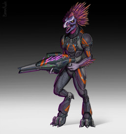 3_fingers 3_toes ambiguous_gender anthro arm_feathers arm_tuft armor avian_caruncle beak clothed clothing feather_hair feathered_crest feathers feet fingers flat_chested gradient_background grey_body grey_scales gun head_crest holding_gun holding_object holding_ranged_weapon holding_weapon needle_rifle pseudo_hair pupils ranged_weapon red_body red_feathers scales scuted_hands scutes simple_background slit_pupils solo spurs_(anatomy) standing toes tuft weapon yellow_eyes barakkuda halo_(series) microsoft xbox_game_studios on'tari_(novera) alien avian kig-yar scalie t'vaoan colored digital_media_(artwork) hi_res female_(lore)