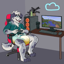 5_fingers ageplay anthro biped blue_eyes bodily_fluids clothed clothing computer computer_keyboard computer_mouse controller diaper electronics feces fingers fur game_controller gaming_chair genital_fluids green_clothing green_topwear grey_body grey_fur infantilism microphone open_mouth plant playstation_controller roleplay scatplay sharp_teeth soiled_diaper soiling solo teeth tongue tongue_out topwear unclean_diaper urine used_diaper wet_diaper wetting bottlebear microsoft minecraft mojang playstation sony_corporation sony_interactive_entertainment xbox_game_studios border_collie canid canine canis collie domestic_dog herding_dog mammal pastoral_dog sheepdog 1:1 2021 absurd_res digital_drawing_(artwork) digital_media_(artwork) hi_res