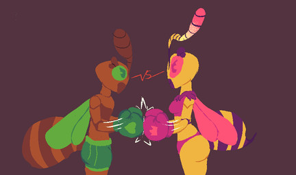 ambiguous_gender anthro bottomwear boxing boxing_gloves clothing duo fight glove_tap green_sclera handwear panties pink_sclera shorts sport spread_wings staredown tap underwear wings zuzu_bug anthony_(zuzu) xwenny_(zuzu) ant arthropod hymenopteran insect wasp
