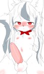 anthro balls blush blush_lines bodily_fluids bow_tie erection fluffy fluffy_balls fluffy_tail genitals grey_hair hair looking_at_viewer male male_anthro navel nipples penis red_bow red_bow_tie red_eyes solo sweat tail white_hair chano hi_res