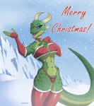 5_fingers abs anthro armwear athletic athletic_female bell bell_collar breasts camel_toe christmas_clothing clothing collar detailed_background dialogue elbow_gloves eyebrows fangs female fingerless_gloves fingers gloves green_body green_markings handwear head_markings holidays horn humanoid_hands looking_at_viewer markings mountain non-mammal_breasts outside purple_eyes scales sharp_teeth smile smiling_at_viewer snow snowing solo spots spotted_markings talking_to_viewer teeth text paranoiya christmas lizard reptile scalie 2023 digital_media_(artwork) english_text hi_res signature