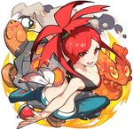 2015 ambiguous_gender bottomwear breasts cleavage clothed clothing digital_media_(artwork) elemental_creature female feral fire flannery_(pokemon) generation_2_pokemon generation_3_pokemon grey_body group gym_leader hair holding_object holding_pokeball human lava lava_creature mammal midriff mineral_fauna naoki_saito nintendo open_mouth orange_body orange_eyes orange_skin pants pokeball pokemon pokemon_(species) red_hair reptile scalie simple_background slugma smoke standard_pokeball torkoal white_background