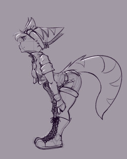 accessory anthro belt boots bottomwear breasts clothing cybernetic_arm cybernetic_limb ear_piercing ear_ring female footwear gloves hands_on_legs hands_on_thighs handwear head_tuft headband jacket leaning leaning_forward piercing ring_piercing shoes shorts solo stripes topwear tuft gluepaw ratchet_and_clank sony_corporation sony_interactive_entertainment rivet_(ratchet_and_clank) lombax mammal 2025 hi_res sketch