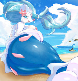 beach blue_body blue_hair blue_sclera blush breasts busty_feral butt cloud eyelashes female female_feral feral group hair hand_on_butt hand_on_own_butt long_hair musical_note musical_symbol outside pink_nose rear_view sea smile solo_focus starfish_(accessory) symbol water white_body white_eyelashes white_eyes veiltales nintendo pokemon aquatic asterozoan echinoderm generation_1_pokemon generation_3_pokemon generation_7_pokemon pokemon_(species) primarina starfish staryu wailord absurd_res hi_res