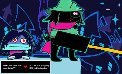 ambiguous_gender anthro armor blush bodily_fluids clothing dialogue duo eyewear genital_fluids glasses hat headgear headwear heart_symbol male peeing peeing_outside pink_eyes red_eyes scarf tail urine flowersunink deltarune mario_bros mario_pissing nintendo undertale_(series) kris_dreemurr ralsei bovid caprine darkner goat goomba lightner mammal meme