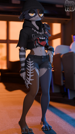 anthro beanie belly bottomwear clothing crop_top denim denim_bottomwear denim_clothing feet female hat headgear headwear hoodie jewelry looking_at_viewer necklace pattern_clothing piercing shirt shorts solo striped_clothing stripes sunset topwear avet3d epic_games fortnite fortnite:_battle_royale meow_skulls felid feline mammal 3d_(artwork) absurd_res digital_media_(artwork) hi_res