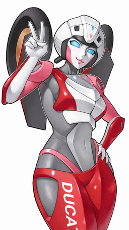blue_eyes female gesture hand_gesture hand_on_hip machine metallic_body not_furry red_body simple_background solo v_sign white_background skylock hasbro takara_tomy transformers arcee cybertronian humanoid robot robot_humanoid 2023 absurd_res hi_res