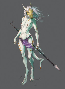 anthro areola bottomwear breasts claws clothed clothing electricity female grey_hair hair holding_object lightning lizard_tail loincloth markings mask melee_weapon navel nipples non-mammal_breasts non-mammal_navel non-mammal_nipples orange_markings polearm sickle_claw simple_background small_breasts solo spear tail toe_claws topless topless_anthro topless_female weapon white_body lethal_doors durachev lizard reptile scalie digital_media_(artwork) hi_res