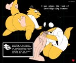 anthro anus balls bent_over bodily_fluids bottomless clothed clothing coat duo female genitals lab_coat lab_coat_only male male/female offscreen_male penis pussy speech_bubble sweat text topwear vein veiny_penis goz-o third-party_edit undertale undertale_(series) alphys human mammal reptile scalie english_text hi_res