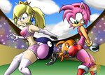 anthro big_butt bite blonde_hair blue_eyes butt butt_bite clothed clothing duo ear_piercing female green_eyes hair piercing pink_body slim cicada_(artist) mario_bros nintendo sega sonic_the_hedgehog_(series) amy_rose princess_peach chain_chomp human mammal crossover