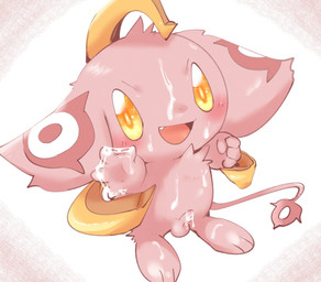 anthro balls blush bodily_fluids cum cum_drip cum_on_body cum_on_face cum_on_hand cum_on_own_face cum_on_penis cum_on_self cum_string dripping erection fur genital_fluids genitals gesture looking_at_viewer male markings penis pink_body pink_fur simple_background smile solo sparkles sparkling_eyes tail waving waving_at_viewer young young_anthro doneru mammal hi_res