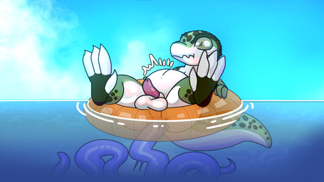abdominal_bulge anal anal_penetration animal_genitalia erection genitals male male_penetrated penetration penis pool_float pool_toy sheath sheathed_tapering_penis tapering_penis tentacle_in_ass tentacle_penetration tentacles water halfpricesouls gecko gecko_humanoid lizard reptile scalie tentacle_creature absurd_res hi_res