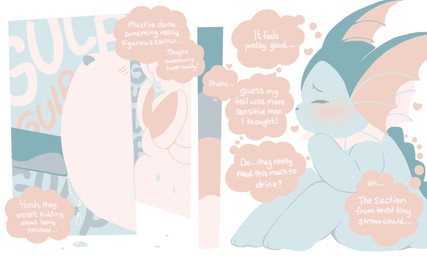 ambiguous_gender blush dorsal_ridge drinking drinking_straw dripping dripping_water duo ear_frill eyes_closed feral frill_(anatomy) fur liquid_body neck_frill ribbons_(anatomy) simple_background sitting swallowing thought_bubble white_background white_body white_fur conduitcore nintendo pokemon eeveelution generation_1_pokemon generation_6_pokemon pokemon_(species) sylveon vaporeon 2023 5:3 comic hi_res