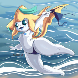 anthro beach bikini blonde_hair blue_lips blue_nipples bra breasts camel_toe clothed clothing curvy_figure exposed_breasts female flying hair lips nipples open_mouth small_breasts solo swimwear thick_thighs topless two-piece_swimsuit underwear water white_body wide_hips zortrex nintendo pokemon generation_3_pokemon jirachi legendary_pokemon pokemon_(species) 1:1 absurd_res hi_res