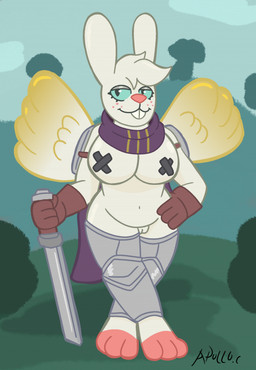 anthro armor breasts buckteeth cape clothed clothing female freckled_face freckles genitals glistening_eyelids melee_weapon nipple_tape partially_clothed pasties pubic_mound shoulder_pads slightly_chubby smug solo standing sword tape teeth vulva weapon apollo_caelum_(artist) angel_hare the_east_patch angel_gabby angel hare lagomorph leporid mammal digital_media_(artwork) hi_res