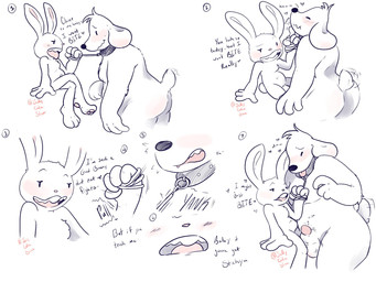 anthro balls collar dirty_talk duo erection featureless_crotch genitals larger_sub leash leash_pull male male/male penis shy size_difference submissive tail tail_motion tailwag jellycakeslice sam_and_max max_(sam_and_max) samuel_dog canid canine canis domestic_dog lagomorph mammal 4:3 hi_res