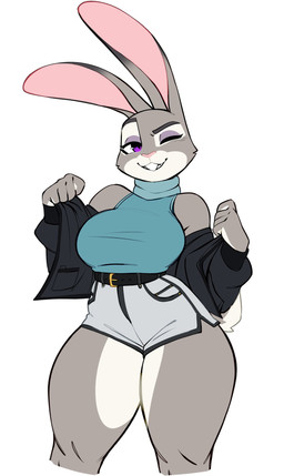 anthro big_breasts bottomwear breasts clothed clothing curvy_figure female fingers fur grey_background grey_body grey_fur jacket long_ears purple_eyes shorts simple_background solo standing teeth thick_thighs topwear voluptuous white_body white_fur wide_hips torou disney zootopia judy_hopps european_rabbit lagomorph leporid mammal oryctolagus rabbit hi_res portrait three-quarter_portrait