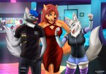 anthro blue_eyes breasts clothed clothing dancing dinner dress female fully_clothed group hair hug inside male nightclub party suit trio lucareelo amorous camilla_queen fan_character jye skye_(amorous) canid canine canis mammal wolf absurd_res digital_media_(artwork) hi_res shaded soft_shading