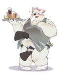 accessory alcohol anthro apron apron_lift asian_clothing ball_grab balls belly beverage blush bow_ribbon bulge clothed clothing clothing_lift disembodied_hand east_asian_clothing embarrassed fundoshi fur genitals hair_accessory hair_bow hair_ribbon japanese_clothing male money_in_underwear navel nipples overweight overweight_male purple_eyes ribbons serving_tray underwear white_body white_fur kio_kiorst canid canine canis domestic_dog mammal hi_res