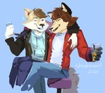 anthro beverage clothed clothing drunk duo fully_clothed jackets leather leather_clothing leather_topwear male male/male spread_arms substance_intoxication topwear shinakazami1 canid canine canis fox mammal wolf hi_res