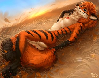 anthro arm_tuft autumn autumn_leaves big_tail breasts butt butt_focus canine_teeth cheek_tuft claws elbow_tuft facial_tuft female fluffy fluffy_chest fluffy_ears fluffy_hair fluffy_tail fur hair lying markings neck_tuft nipples nude orange_body orange_fur orange_hair pawpads paws pose red_nipples seductive solo striped_body striped_fur striped_markings stripes sunset tail tuft mohitopaw prazaar canid canine fox mammal pinup