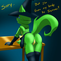 anthro butt clothing female genitals hat headgear headwear looking_at_viewer looking_back raised_tail rear_view science solo tail teasing text vulva witch_hat eyeofcalamity clara_brightwood domestic_cat felid feline felis mammal 1:1 2011 digital_media_(artwork) english_text low_res