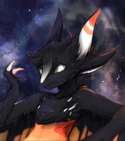 anthro black_body black_fur claws fur green_eyes latex looking_at_viewer male smile solo space star teeth white_body wings neki avali avian goo_creature mammal hi_res