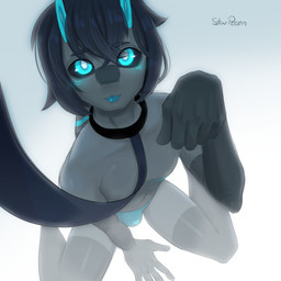 anthro bdsm blep blue_clothing blue_eyes blue_panties blue_underwear blush blush_lines bottomwear bulge clothed clothing collar first_person_view floppy_ears foreshortening fur gesture grey_body grey_fur hair high-angle_view horn leash leashing_pov leg_markings looking_at_viewer looking_up looking_up_at_viewer male markings panties paw_pose petplay pose roleplay simple_background skimpy socks_(marking) solo submissive tongue tongue_out topless underwear starpeeen astra_(starpeeen) bovid caprine goat mammal 1:1 digital_media_(artwork) hi_res nonbinary_(lore)