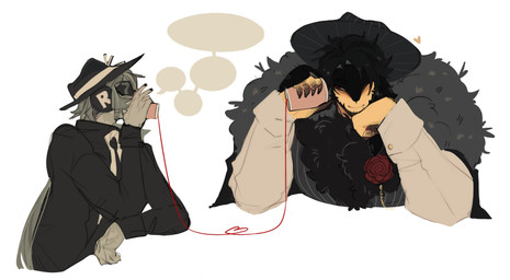 anthro black_body black_clothing black_fedora black_fur black_hat black_headwear black_necktie black_suit clothing coat container cup dialogue disposable_cup duo eyewear fedora floppy_ears fur grey_body grey_hair grey_skin hair hat headgear headwear heart_symbol holding_container holding_cup holding_object human_on_anthro interspecies long_hair looking_at_another male male/male necktie one_eye_closed ponytail red_eyes romantic romantic_couple simple_background snout suit sunglasses tin_can_phone topwear white_background white_clothing white_topwear yellow_body ilewdha forsaken_(roblox) roblox chance_(forsaken) mafioso_(forsaken) human lagomorph leporid mammal rabbit hi_res nonbinary_(lore)