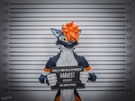 anthro arrested criminal cuff_(restraint) fur hair handcuffs male metal_cuffs open_mouth police restraints sign simple_background smile solo text mrgaleo blender_cycles mammal rexouium 3d_(artwork) blender_(artwork) digital_media_(artwork) english_text meme