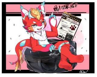 anthro big_eyes biped blonde_hair cute_fangs fangs fur green_eyes hair kemono looking_at_viewer male nude_anthro nude_male red_body red_fur slim_anthro slim_male solo teeth white_body white_fur hlg7777 2019 5:4 hi_res