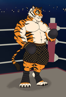 anthro bandage bandaged_foot boxing boxing_attire boxing_gloves boxing_shorts clothing fighting_ring fur handwear male orange_body orange_fur solo sport stripes jagerwolf12 epic_games fortnite oscar_(fortnite) felid mammal pantherine tiger hi_res
