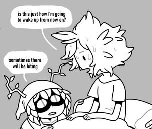 3_fingers ambiguous_gender antlers bodily_fluids clothed clothing dot_eyes duo fingers hair hat headgear headwear horn humor leaf leaf_hair male mask not_furry open_mouth plant plant_hair pseudo_hair saliva_in_hair saliva_on_face shirt simple_background simple_eyes t-shirt text toony topwear underwear wearing_mask wet wet_body wet_clothing wet_face wet_skin wet_underwear discount-supervillain adventure_time cartoon_network finn_the_human huntress_wizard elemental_creature elemental_humanoid flora_fauna human humanoid mammal plant_humanoid digital_media_(artwork) english_text monochrome