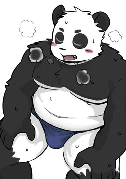 anthro black_body black_nose blush bodily_fluids bottomwear breath bulge clothing eyes_closed kemono male overweight overweight_male panting pants sitting solo sweat underwear white_body tobyou_222 bear giant_panda mammal 2023 digital_drawing_(artwork) digital_media_(artwork) hi_res