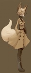 anthro biped blonde_hair boots breasts button_(fastener) clothed clothing coat eyewear female fluffy fluffy_tail footwear fully_clothed fur glasses gradient_background hair hand_in_pocket kemono large_glasses medium_breasts pockets shoes short_hair shoulder_bag simple_background small_waist solo standing sweater tail topwear trenchcoat turtleneck white_body sho_shibamoto candy_whip canid canine fox mammal 2014 digital_media_(artwork) full-length_portrait monochrome portrait sepia