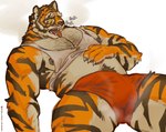 2023 anthro armpit_hair barazoku belly biceps big_muscles bodily_fluids body_hair breath bulge chest_hair claws clothed clothing detailed_bulge epic_games erection erection_under_clothing felid fortnite fur genital_outline happy_trail hi_res lying male mammal musclegut muscular muscular_anthro muscular_male narrowed_eyes nipples on_back oscar_(fortnite) out_of_breath pantherine panting pecs penis_outline pubes qwertyuiop4082 scar shirt simple_background solo sweat tank_top thick_thighs tiger topwear tuft underwear white_background