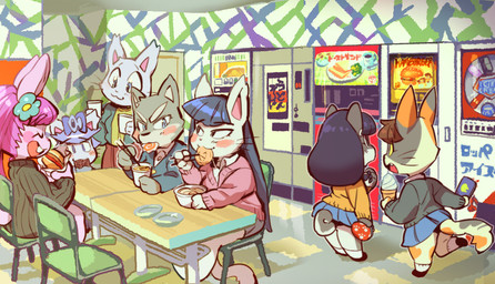 accessory anthro black_hair blue_bottomwear blue_clothing blue_eyes blue_hair blue_skirt blush blush_stickers bottomwear bow_ribbon brown_hair buckteeth burger candy cat_smile chair chocolate chocolate_bar chopsticks clothing cute_fangs dessert eating electronics eyelashes fangs female flower flower_in_hair food footprint footwear fur furniture green_clothing green_sweater green_topwear grey_body grey_clothing grey_fur grey_sweater grey_topwear group hair hair_accessory ice_cream inside jacket machine noodles pawpads pawprint phone pink_body pink_clothing pink_fur pink_hair pink_sweater pink_topwear plant plate purse raised_leg red_bottomwear red_clothing red_skirt rosy_cheeks shirt shoes skirt socks sweater table tail teeth topwear vending_machine whiskers white_body white_fur yellow_clothing yellow_sclera yellow_shirt yellow_sweater yellow_topwear sanjiro chao_pyon_pyon ginboshi_(ziroro326) jyuri_(ziroro326) calico_cat canid canine canis domestic_cat domestic_dog felid feline felis lagomorph leporid mammal rabbit wolf