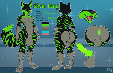 4_toes animal_genitalia animal_penis anthro anus balls big_balls black_body black_fur black_nose blue_eyes butt canine_genitalia canine_penis claws dipstick_tail eyebrows feet fingers fur genitals gloves_(marking) green_anus green_inner_ear_fluff green_penis grey_balls grey_eyebrows grey_sheath inner_ear_fluff knot knotted_penis leg_markings male markings multicolored_body multicolored_fur navel open_mouth penis pink_tongue sharp_teeth sheath socks_(marking) solo standing stripes tail tail_markings teeth text toes tongue tuft white_claws derickk76 silver_fang_(furry1997) canid canine fox mammal english_text model_sheet