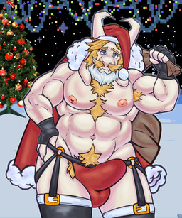 anthro beard biceps blonde_hair body_hair bulge chest_hair christmas_clothing christmas_headwear christmas_tree clothed clothing costume erection erection_under_clothing exhibitionism facial_hair genitals gloves hair handwear hat headgear headwear holding_bag holidays humanoid_genitalia jockstrap looking_at_viewer male mature_anthro mature_male muscular muscular_anthro muscular_male nipples pecs plant pubes santa_costume santa_hat snow solo standing tree underwear joalmidon christmas deltarune undertale undertale_(series) asgore_dreemurr boss_monster_(undertale) bovid caprine goat mammal absurd_res hi_res