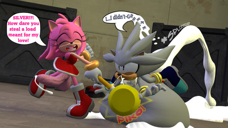 after_sex anthro balls big_balls big_penis bodily_fluids boots bracelet chest_tuft clothing cum cum_in_mouth cum_in_nose cum_inflated_belly cum_inflation cum_inside dress duo emitting_cum excessive_cum excessive_genital_fluids exclamation_point eyes_closed footwear genital_fluids genitals gloves grey_body gynomorph hammer handwear inflation intersex intersex/male jewelry male penis pink_body shoes speech_bubble tools tuft betabee sega sonic_the_hedgehog_(series) amy_rose silver_the_hedgehog eulipotyphlan hedgehog mammal 16:9 3d_(artwork) digital_media_(artwork) hi_res widescreen
