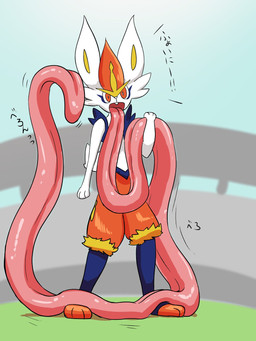 anthro big_tongue feet holding_tongue hyper hyper_tongue long_tongue one_tooth onomatopoeia simple_background solo sound_effects text thick_tongue tongue tongue_fetish tongue_out sevi_blaze nintendo pokemon cinderace generation_8_pokemon pokemon_(species) 3:4 hi_res japanese_text translation_request