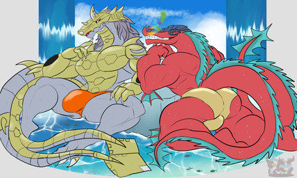 2_tails anthro arm_support ball_bulge big_bulge black_sclera blade blade_horn blue_hair bulge clothed clothing cloud dark_sclera duo elbow_fin fangs fin gold_(metal) gold_body grey_body grey_hair hair horn kneeling leaning leaning_forward leaning_on_elbow leaning_on_object long_hair long_tail looking_at_viewer male mane multi_tail multicolored_body muscular muscular_anthro muscular_arms muscular_male muscular_thighs orange_clothing orange_eyes orange_speedo orange_swimwear pecs rainbow_colors red_body red_eyes rock scuted_face scutes simple_background sitting smoke smoke_from_mouth speedo speedo_only spikes spikes_(anatomy) spread_legs spreading swimwear tail tail_fin teeth topless water waterfall white_background yellow_clothing yellow_speedo yellow_swimwear daikuhiroshiama bandai_namco digimon digimon_(species) leviamon metalseadramon 2026 digital_drawing_(artwork) digital_media_(artwork) hi_res watermark