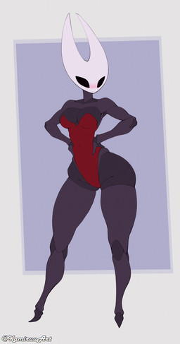 anthro blush breasts clothed clothing empty_eyes female hands_on_waist leotard medium_breasts navel segmented_arms segmented_body segmented_legs simple_background skimpy solo waist kamiruuart hollow_knight_(franchise) team_cherry hornet_(hollow_knight) arachnid arthropod spider absurd_res hi_res