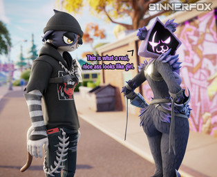 angry anthro butt duo ear_piercing female female/female fish_hook fish_hook_piercing half-closed_eyes hook jealous narrowed_eyes piercing presenting rear_view shadow_face text s1nnerfox epic_games fortnite meow_skulls raven_team_leader bear domestic_cat felid feline felis mammal 3d_(artwork) digital_media_(artwork) english_text hi_res
