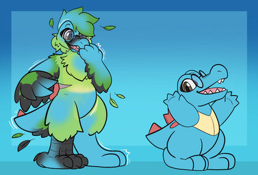 ambiguous_gender anthro beak eyewear fangs feet glasses mastectomy_scar mid_transformation non-mammal_mastectomy_scar scar solo talons teeth toes transformation wearing_glasses dizzydreadful nintendo pokemon cleo_(cleothebirb) avian bird generation_2_pokemon pokemon_(species) totodile trans_(lore) trans_man_(lore)