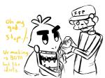 alcohol anthro beer beverage bottle clothing container dialogue duo female freddy_mask_(fnaf) hat headgear headwear machine male mask security security_guard simple_background text uniform white_background inkyfrog five_nights_at_freddy's five_nights_at_freddy's_2 scottgames freddy_(fnaf) withered_chica_(fnaf) animatronic avian bird chicken galliform gallus_(genus) human mammal phasianid robot 2015 4:3 english_text