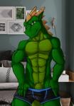 abs anthro balls bed bedroom biceps black_clothing black_underwear briefs bulge clothed clothing furniture genitals green_balls green_body green_eyes green_penis green_scales horn inside looking_at_viewer male muscular muscular_anthro muscular_male obliques partially_clothed pecs penis penis_base scales skimpy smile solo standing teasing topless triceps underwear underwear_down undressing saruuk sar lizard reptile scalie hi_res